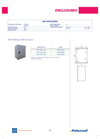 Enclosures
120
IP65 Watertight grp enclosure
DIMENSIONS CODE
300 x 250 x 140 GRP-302514
400 x 300 x 200 GRP-403020
500 x 400 x 200 GRP-504020
Supplied complete with backplate & wall mounting kit
Polyurethane gasket
GRP ENCLOSURES
Conformity to Standards: 	 EN60529			
	 IEC60529
Protection rating:	 IP65
Impact resistance: 	 IK10
Glow wire test:	 850°C
Self extinguishing:	 V0
Braker category:
Temperature resistance:	 Operating			 -40 to +80°C
	 Storage			 -40 to +80°C
F
D
N
H
E
 