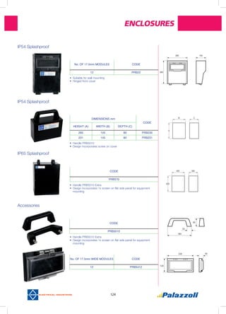 Enclosures
124
No. OF 17.5mm MODULES CODE
12 PRB22
DIMENSIONS mm
CODE
HEIGHT (A) WIDTH (B) DEPTH (C)
260 145 80 PRB230
231 145 80 PRB231
CODE
PRB570
260
380
150
CODE
PRB5010
No. of 17.5mm wide modules CODE
12 PRB5412
IP54 Splashproof
IP54 Splashproof
IP65 Splashproof
Accessories
•	Suitable for wall mounting
•	 Hinged front cover
•	 Handle PRB5010
•	Design incorporates screw on cover
•	 Handle PRB5010 Extra
•	Design incorporates 1x screen on flat side panel for equipment
mounting
•	 Handle PRB5010 Extra
•	Design incorporates 1x screen on flat side panel for equipment
mounting
 