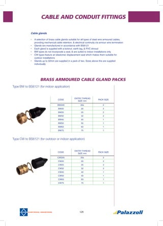 129
CABLE AND CONDUIT FITTINGS
Type bw to bs6121 (for indoor application)
Type cw to bs6121 (for outdoor or indoor application)
BRASS ARMOURED CABLE GLAND PACKS
CODE
ENTRY THREAD
SIZE mm
PACK SIZE
BW20S 20s 2
BW20 20 2
BW25 25 2
BW32 32 2
BW40 40 1
BW50 50 1
BW63 63 1
BW75 75 1
CODE
ENTRY THREAD
SIZE mm
PACK SIZE
CW20S 20s 2
CW20 20 2
CW25 25 2
CW32 32 2
CW40 40 1
CW50 50 1
CW63 63 1
CW75 75 1
Cable glands
•	 A selection of brass cable glands suitable for all types of steel wire armoured cables,
providing mechanical cable retention, & electrical continuity via armour wire termination
•	 Glands are manufactured in accordance with BS6121
•	 Each gland is supplied with a locknut, earth tag, & PVC shroud
•	 BW types do not incorporate a seal, & are suited to indoor installations only
•	 CW types feature an elastomer displacement seal which makes them suitable for
outdoor installations
•	 Glands up to 32mm are supplied in a pack of two. Sizes above this are supplied
individually
 