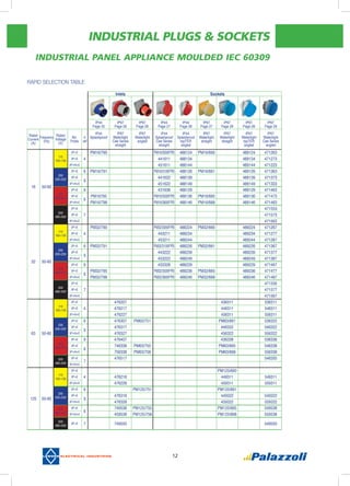 INDUSTRIAL PLUGS & SOCKETS
12
Industrial panel appliance moulded IEC 60309
Rapid selection Table
Inlets Sockets
IP44
Page 25
IP67
Page 26
IP67
Page 26
IP44
Page 27
IP44
Page 28
IP67
Page 27
IP67
Page 28
IP67
Page 28
IP67
Page 29
Rated
Current
(A)
Frequency
(Hz)
Rated
Voltage
(V)
No.
Poles
h
ref
IP44
Splashproof
IP67
Watertight
Cee Series
straight
IP67
Watertight
angled
IP44
Splashproof
Cee Series
straight
IP44
Splashproof
topTer
angled
IP67
Watertight
straight
IP67
Watertight
straight
IP67
Watertight
topTer
angled
IP67
Watertight
Cee Series
angled
16 50-60
110
100÷130
2P+E
4
PM16/790 PM16/3000FPB 488124 PM16/660 489124 471263
3P+E 441611 488134 489134 471273
3P+N+E 451611 488144 489144 471223
230
200÷250
2P+E 6 PM16/791 PM16/3100FPB 488126 PM16/661 489126 471363
3P+E
9
441622 488139 489139 471373
3P+N+E 451622 488149 489149 471333
400
380÷415
2P+E 9 431638 488129 489129 471463
3P+E
6
PM16795 PM16/3500FPB 488136 PM16/665 489136 471473
3P+N+E PM16/798 PM16/3800FPB 488146 PM16/668 489146 471483
500
480÷500
2P+E
7
471553
3P+E 471573
3P+N+E 471563
32 50-60
110
100÷130
2P+E
4
PM32/790 PM32/3000FPB 488224 PM32/660 489224 471267
3P+E 443211 488234 489234 471277
3P+N+E 453211 488244 489244 471287
230
200÷250
2P+E 6 PM32/791 PM32/3100FPB 488226 PM32/661 489226 471367
3P+E
9
443222 488239 489239 471377
3P+N+E 453222 488249 489249 471387
400
380÷415
2P+E 9 433328 488229 489229 471467
3P+E
6
PM32/795 PM32/3500FPB 488236 PM32/665 489236 471477
3P+N+E PM32/798 PM32/3800FPB 488246 PM32/668 489246 471487
500
480÷500
2P+E
7
471556
3P+E 471577
3P+N+E 471567
63 50-60
110
100÷130
2P+E
4
476207 436311 536311
3P+E 476217 446311 546311
3P+N+E 476227 456311 556311
230
200÷250
2P+E 6 476307 PM63/751 PM63/661 536322
3P+E
9
476317 446332 546322
3P+N+E 476327 456322 556322
400
380÷415
2P+E 9 476407 436338 536338
3P+E
6
746338 PM63/755 PM63/665 546338
3P+N+E 756338 PM63/758 PM63/668 556338
500
480÷500
3P+E
7
476517 546350
3P+N+E
125 50-60
110
100÷130
2P+E
4
PM125/660
3P+E 476218 449311 549311
3P+N+E 476228 459311 559311
230
200÷250
2P+E 6 PM125/751 PM125/661
3P+E
9
476318 449322 549322
3P+N+E 476328 459322 559322
400
380÷415
3P+E
6
749538 PM125/755 PM125/665 549538
3P+N+E 459538 PM125/758 PM125/668 559538
500
480÷500
3P+E 7 749550 549550
 