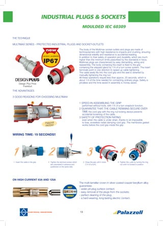 INDUSTRIAL PLUGS & SOCKETS
13
THE TECHNIQUE
MULTIMAX SERIES - PROTECTED INDUSTRIAL PLUGS AND SOCKET-OUTLETS
The body of the Multimax socket-outlets and plugs are made of
technopolymers with high resistance to impacts and crushing, ensuring
dimensional stability and resistance to accidental treading.
In addition to their safety of operation and durability, which are much
higher than the minimum limits prescribed by the standards in force,
Multimax plugs are characterized by easy dismantling, wiring and
reassembly. The body containing the insert is fixed to the grip
containing the stepped gland by 1/4 of a turn screw system. The insert
terminals point in one direction to speed up cable tightening.
The cable easily fits into the cord grip and the seal is obtained by
manually tightening the ring nut.
All these operations require less than approx. 20 seconds, which is
about 1/4 of the time needed for connecting ordinary plugs. Safety is
priceless and the time saved in assembly is money saved.
WIRING TIME: 19 SECONDS!!
the advantages
3 GOOD REASONS FOR CHOOSING MULTIMAX
1 SPEED IN ASSEMBLING THE GRIP
	 performed without tools, with 1/4 of a turn snaplock function.
2 GUARANTEE THAT THE CABLE REMAINS SECURE OVER
TIME the cord grip with the ring nut locking device prevents
accidental loosening of the cable.
3 SAFETY OF PROTECTION RATING
	 even when the cable is under strain, thanks to an impossible
	 to lose, screwless radial clamping cord grip. The membrane gasket
works before the cord grip inside the grip.
On high current 63A and 125A
The multi-lamellar crown in silver coated copper-beryllium alloy
guarantees:
- wider pit-plug surface contact;
- easy removal of the plugs from the sockets;
- perfect cleaning of the plug;
- a hard-wearing, long-lasting electric contact.
new
1	Insert the cable in the grip. 2	Tighten the terminal screws which
are unscrewed in advance and
positioned on the same side.
3	Close the grip until it clicks
	 (1/4 of a turn).
4	Tighten the cable by turning the ring
nut until it is locked in position.
Design Plus Prize
Frankfurt
version available
IP67
MOULDED IEC 60309
1
Palazzoli
PATENT
2
3
 