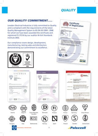 3
QUaLITY
OUR	QUaLITY	COMMITMENT…..
Lewden	Electrical	Industries	is	fully	committed	to	Quality	
and	is	compliant	with	the	requirements	of	the	latest	
Quality	Management	System	to	BS	EN	ISO	9001:	2008	
for	which	we	have	been	awarded	the	certifi	cate	and	
registered	FS	37316	by	our	auditor	British	Standards	
Institute	(BSI).
Our	compliance	covers	design,	development,	
manufacturing,	testing	sales	and	distribution;	
demonstrating	our	commitment	to	excellence.
QUALITY MANAGEMENT SYSTEM - ISO 9001:2008
This is to certify that:
Lewden Electrical IndustriesArgall Avenue
Leyton
London
E10 7QD
United Kingdom
Holds Certificate No: FS 37316and operates a Quality Management System which complies with the requirements of ISO 9001:2008 for the following
scope:
The design and production of site electrical mains distribution and associated equipment.
The production and distribution of industrial plugs, sockets, connectors, appliance
inlets, switched and RCD protected sockets, outlets, leads, portable luminaires,
downlights, striplights, pigmy lights and fittings, weathertight switches, conduit
accessories, detachable ceiling roses, enclosures and testers and other associated
products.
The manufacture of industrial plugs and sockets to BS EN 60309.
The manufacture of downlights, striplights and pigmy light to BS EN 60598.
The manufacture of non-rewirable connectors to EN 60320.
The design and production of site electrical mains distribution and associated equipment.
The production and distribution of industrial plugs, sockets, connectors, appliance
inlets, switched and RCD protected sockets, outlets, leads, portable luminaires,
downlights, striplights, pigmy lights and fittings, weathertight switches, conduit
accessories, detachable ceiling roses, enclosures and testers and other associated
products.
The manufacture of industrial plugs and sockets to BS EN 60309.
The manufacture of downlights, striplights and pigmy light to BS EN 60598.
The manufacture of non-rewirable connectors to EN 60320.
For and on behalf of BSI:
For and on behalf of BSI:
Managing Director, BSI EMEA
Originally registered: 14/07/1997
Latest Issue: 19/11/2009
Expiry Date: 20/12/2012
Page: 1 of 1
This certificate was issued electronically and remains the property of BSI and is bound by the conditions of contract.
An electronic certificate can be authenticated online.
Printed copies can be validated at www.bsigroup.com/ClientDirectoryThe British Standards Institution is incorporated by Royal Charter.
BSI (UK) Headquarters: P.O. Box 9000, Milton Keynes MK14 6WT. Tel: 0845 080 9000
FS	37316
Austria Begium Finland France Germany Great	Britain
Hungary Italy Netherlands Norway
Czech	Republic
Slovakia
Denmark
Spain Poland Sweden Switzerland
 