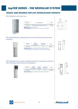 topter Series - THE MODULAR SYSTEM
73
BOXES AND BOARDS FOR 63A INTERLOCKED SOCKETS
ip55 Watertight wall bottom box
ip65 Watertight blind watertight boards for 63A interlocked socket-outlet
installation
ip65 Watertight high capacity watertight boards with transparent window for
63A interlocked socket-outlets wall installations
Dimensions
mm.
For socket-outlets CODE
115 x 290 TER interlocked socket-outlets 63A 579400
Equipment: bag of screwcaps.
Characteristics: smooth walls with indication of pre-holes.
Characteristics: smooth walls with indication of pre-holes.
•	Provides additional wiring space for incoming supply cables
Characteristics: smooth walls with indication of pre-holes.
Dimensions
mm.
No. of
installable
socket-outlets
Dispersable
power (W)
CODE
122 x 452 1 22 579421
Dimensions
mm.
No. of
installable
socket-outlets
No. of
Modules
EN50022
Dispersable
power (W)
CODE
122 x 452 1 5 22 579631
A
B
C
 