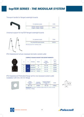 topTER	SERIES	-	ThE	MODULaR	SYSTEM
77
transport handle for flanged watertight boards
Universal support for topteR flanged watertight boards
ip54 splashproof schuko recessed domestic socket-outlet
ip54 splashproof perforated flange set for one recessed socket-outlet
installation with 50 x 50 mm flange
COMPACT SChuKO SOCKET FOR ExPORT MARKETS
Manufactured from stainless steel
Equipment: bag with 4 stainless steel screws for schuko socket
assembly on flange.
For distribution boards CODE
For all topTER series boards 570010
For distribution boards CODE
579742, 579743, 579744
579824, 579826, 579828
579011
A V Standard Nation
Flange
dimensions
mm. 2P+E
13
250
BS1363 UK 50 x 50 579831
16 DIN49440 D 50 x 50 579845
16 DIN49440 IT/PL/HU 50 x 50 579830
16 CEE 7/V F/B/CZ 50 x 50 579832
Flange
dimensions
(mm.)
Installable
socket-outlet
Distance between
assembly holes
(mm.)
CODE
88 x 100 579845 38 x 38 579844
 