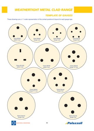 84
TEMPLATE OF GAUGES
These drawings are a 1:1 scale representation of the contact positions & layout for each gauge type
WEATHERTIGHT METAL CLAD RANGE
5amp BS546
pattern 3 pin
5amp Walsall
Gauge 3 pin
5amp Walsall
Gauge 4 pin
5amp Special
Gauge 5 pin
13amp BS1363
pattern 3 pin
15amp BS546
pattern 3 pin
15amp Walsall
Gauge “A” 4 pin
15amp Walsall
Gauge “B” 4 pin
15amp Special
Gauge 5 pin
30amp Special
Gauge 3 pin
30amp Special
Gauge 4 pin
 