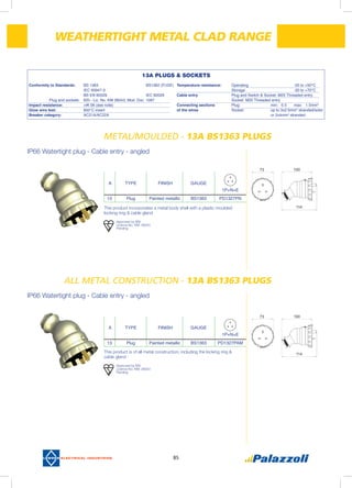 85
	 METAL/MOULDED - 13A BS1363 PLUGS
	 ALL METAL CONSTRUCTION - 13A BS1363 PLUGS
IP66 Watertight plug - Cable entry - angled
IP66 Watertight plug - Cable entry - angled
Approved by BSI
Licence No. KM: 38043
Pending
Approved by BSI
Licence No. KM: 38043
Pending
A TYPE FINISH GAUGE
1P+N+E
13 Plug Painted metallic BS1363 PD1327PN
A TYPE FINISH GAUGE
1P+N+E
13 Plug Painted metallic BS1363 PD1327PAM
WEATHERTIGHT METAL CLAD RANGE
This product incorporates a metal body shell with a plastic moulded
locking ring & cable gland
This product is of all metal construction, including the locking ring &
cable gland
13A PLUGS & SOCKETS
Conformity to Standards:	 BS 1363			 BS1362 (FUSE)
	 IEC 60947-3		
	 BS EN 60529		 IEC 60529	
Plug and sockets:	 BSI - Lic. No. KM 38043; Mod. Doc. 1097	
Impact resistance: 	 >IK 06 (see note)			
Glow wire test:	 850°C insert
Breaker category:	 AC21A/AC22A
Temperature resistance:	 Operating			 -25 to +50°C
	 Storage			 -30 to +70°C
Cable entry 	 Plug and Switch & Socket: M25 Threaded entry
	 Socket: M20 Threaded entry
Connecting sections 	 Plug: 		 min: 0.5	 max: 1.5	mm2
of the wires	 Socket: 		 up to 3x2.5mm2
stranded/solid
			 or 2x4mm2
stranded
73 100
114
73 100
114
 