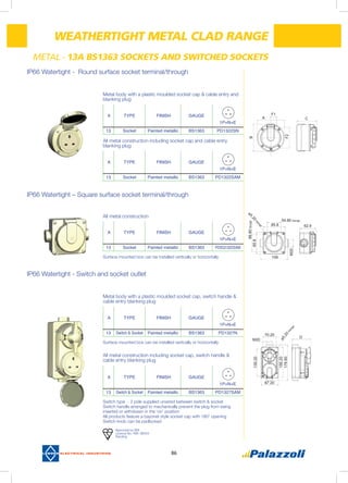 86
IP66 Watertight - Round surface socket terminal/through
IP66 Watertight – Square surface socket terminal/through
IP66 Watertight - Switch and socket outlet
METAL - 13A BS1363 SOCKETS AND SWITCHED SOCKETS
WEATHERTIGHT METAL CLAD RANGE
A TYPE FINISH GAUGE
1P+N+E
13 Socket Painted metallic BS1363 PD1322SN
A TYPE FINISH GAUGE
1P+N+E
13 Socket Painted metallic BS1363 PD1322SAM
A TYPE FINISH GAUGE
1P+N+E
13 Socket Painted metallic BS1363 PDSQ1322SAM
A TYPE FINISH GAUGE
1P+N+E
13 Switch & Socket Painted metallic BS1363 PD1327N
A TYPE FINISH GAUGE
1P+N+E
13 Switch & Socket Painted metallic BS1363 PD1327SAM
Metal body with a plastic moulded socket cap & cable entry and
blanking plug
All metal construction including socket cap and cable entry
blanking plug
Surface mounted box can be installed vertically or horizontally
Surface mounted box can be installed vertically or horizontally
Switch type - 2 pole supplied unwired between switch & socket
Switch handle arranged to mechanically prevent the plug from being
inserted or withdrawn in the ‘on’ position
All products feature a bayonet style socket cap with 180° opening
Switch knob can be padlocked
All metal construction
Metal body with a plastic moulded socket cap, switch handle &
cable entry blanking plug
All metal construction including socket cap, switch handle &
cable entry blanking plug
Approved by BSI
Licence No. KM: 38043
Pending
F1
A C
B
F2
54.80 fixings
ø5.20
fixings
66.80fixings
62.985.8
85.8
109
M20
ø5.20
fixings
70.20
139.20
156.20
178.60
D
87.20
M20
 