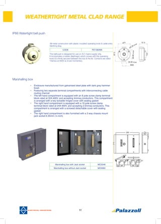 91
WEATHERTIGHT METAL CLAD RANGE
This bell push is designed for use on A.C mains supply only.
It incorporates a rubber diaphragm which moves with the operating
knob & is firmly secured between the box & the lid. Contacts are rated
10amps at 600V ac & are momentary.
All metal construction with plastic moulded operating knob & cable entry
blanking plug
CODE PD1383NN
IP66 Watertight bell push
Marshalling box
Marshalling box with Jack socket MO3346
Marshalling box without Jack socket MO5965
•	 Enclosure manufactured from galvanised steel plate with dark grey hammer
finish
•	 Featuring two separate terminal compartments with interconnecting cable
routing channel
•	 The left hand compartment is equipped with an 8 pole screw clamp terminal
block rated at 32A 400V, and accepting 4mmsq conductors. This compartment
is arranged with a key lockable hinged cover with sealing gasket
•	 The right hand compartment is equipped with a 16 pole screw clamp
terminal block rated at 24A 400V, and accepting 2.5mmsq conductors. This
compartment is arranged with a screwed detachable cover with sealing
gasket
•	 The right hand compartment is also furnished with a 3 way chassis mount
jack socket 6.35mm (¼ inch)
34.00 fixings
ø5.20 fixings
46.80fixings
51.5ø77
M20
87.3
265
35 3556 58
31ø20 ø20 ø28 ø28
210
74
66
 