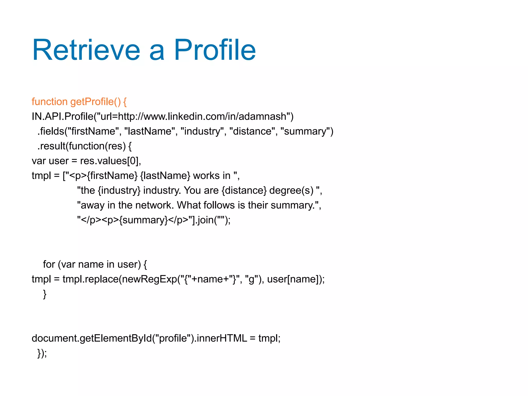 Sign in with LinkedIn<!DOCTYPE><html><head>  <title>LinkedIn JavaScript API</title>  <script type="text/javascript" src="http://platform.linkedin.com/in.js">api_key: 7TUS2_LeCD_vLuUE0L9ew35dh-tYtWkZDk4lQm6LYbcdVXgRELNWUMxl    authorize: false  </script></head><body><script type="IN/Login">    Logged in as <?js= firstName ?> <?js= lastName ?>  </script></body></html>