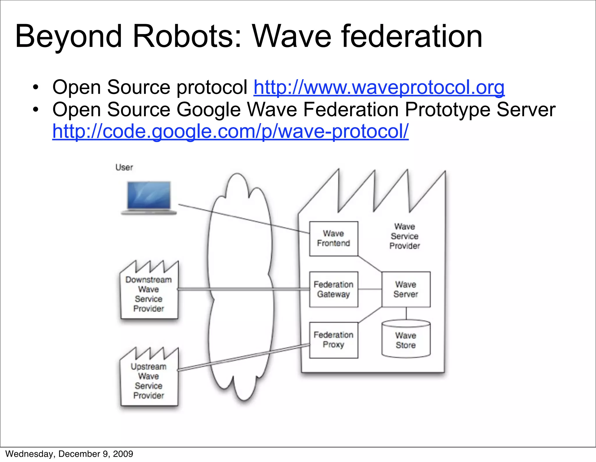Beyond Robots: Wave federation
     • Open Source protocol http://www.waveprotocol.org
     • Open Source Google Wave Federation Prototype Server
       http://code.google.com/p/wave-protocol/




Wednesday, December 9, 2009
 