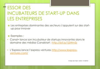 – ESSOR DES

INCUBATEURS DE START-UP DANS
LES ENTREPRISES


Les entreprises dominantes des secteurs s’appuient sur des startup pour innover

Exemples :
• Canal+ lance son incubateur de startups innovantes dans le
domaine des médias Canalstart : http://bit.ly/1jSWmSs


• L’Express lance l’express ventures http://www.lexpressventures.com/
À changer dans l'onglet > Insertion > En-tête/Pied

 