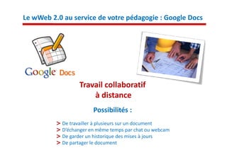 Le wWeb 2.0 au service de votre pédagogie : Google Docs




                  Travail collaboratif
                      à distance
                        Possibilités :
            De travailler à plusieurs sur un document
            D’échanger en même temps par chat ou webcam
            De garder un historique des mises à jours
            De partager le document
 