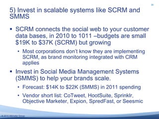 © 2010 Altimeter Group
 SCRM connects the social web to your customer
data bases, in 2010 to 1011 –budgets are small
$19K...