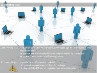 Le marketing viral:  Le marketing viral  = technique qui utilise des publicités diffusées par les internautes via les  réseaux sociaux ->  internautes = acteur de diffusion = représentant de la marque ->  source d ’économie car diffusion gratuite Attention danger :  contrôle de la diffusion impossible! ->  risque de mauvaise perception du message ->  nécessité de diffuser un message clair sans ambiguïté! 