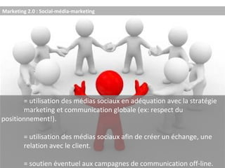 Marketing 2.0 : Social-média-marketing = utilisation des médias sociaux en adéquation avec la stratégie  marketing et communication globale (ex: respect du  positionnement!). = utilisation des médias sociaux afin de créer un échange, une  relation avec le client. = soutien éventuel aux campagnes de communication off-line.  