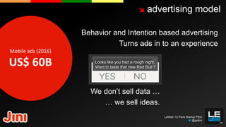     advertising model

                    Behavior and Intention based advertising
                              Turns ads in to an experience
Mobile ads (2016)

US$ 60B                 Looks like you had a rough night.
                        Want to taste that new Red Bull ?




                      We don’t sell data …
                         … we sell ideas.
                                                            LeWeb ‘12 Paris Startup Pitch
                                                                                 @getjini
 
