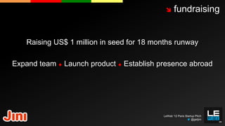      fundraising


    Raising US$ 1 million in seed for 18 months runway

Expand team  Launch product  Establish presence abroad




                                           LeWeb ‘12 Paris Startup Pitch
                                                                @getjini
 