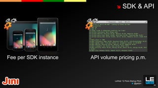      SDK & API




Fee per SDK instance   API volume pricing p.m.



                                 LeWeb ‘12 Paris Startup Pitch
                                                      @getjini
 