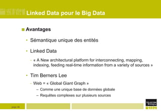 Linked Data pour le Big Data
 Avantages

• Sémantique unique des entités
• Linked Data
- « A New architectural platform for interconnecting, mapping,
indexing, feeding real-time information from a variety of sources »

• Tim Berners Lee
- Web = « Global Giant Graph »
– Comme une unique base de données globale
– Requêtes complexes sur plusieurs sources
page 46

 