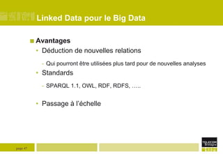 Linked Data pour le Big Data
 Avantages

• Déduction de nouvelles relations
- Qui pourront être utilisées plus tard pour de nouvelles analyses

• Standards
- SPARQL 1.1, OWL, RDF, RDFS, …..

• Passage à l’échelle

page 47

 