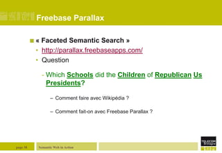 Freebase Parallax
«

Faceted Semantic Search »
• http://parallax.freebaseapps.com/
• Question
- Which Schools did the Chi...