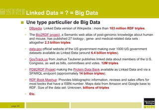 Linked Data = ? = Big Data


Une type particulier de Big Data
• DBpedia: Linked Data version of Wikipedia : more than 103...
