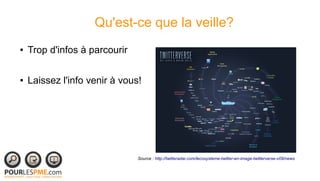 Qu'est-ce que la veille?
●   Trop d'infos à parcourir

●   Laissez l'info venir à vous!




                               Source : http://twitteradar.com/lecosysteme-twitter-en-image-twitterverse-v09/news
 