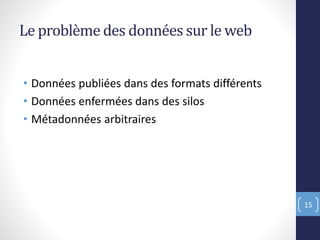 Le problème des données sur le web
• Données publiées dans des formats différents
• Données enfermées dans des silos
• Métadonnées arbitraires
15
 