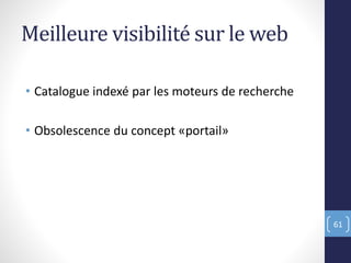 Meilleure visibilité sur le web
• Catalogue indexé par les moteurs de recherche
• Obsolescence du concept «portail»
61
 