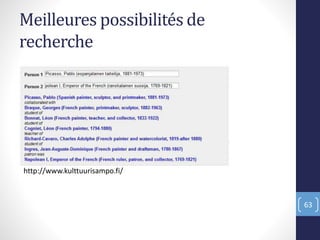 Meilleures possibilités de
recherche
http://www.kulttuurisampo.fi/
63
 