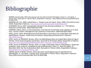Bibliographie
• BERMÈS, Emmanuelle, 2013. Des parcours de sens dans le Centre Pompidou virtuel. In : [en ligne]. 1
janvier 2013. [Consulté le 7 février 2015]. Disponible à l’adresse : http://bbf.enssib.fr/consulter/bbf-2013-
05-0052-013.
• BERNERS-LEE, Tim, 2009. Linked Data. In : Design Issues [en ligne]. 18 juin 2009. [Consulté le 4 juin
2014]. Disponible à l’adresse : http://www.w3.org/DesignIssues/LinkedData.html
• CHIGNARD, Simon, 2012. Comprendre l’ouverture des données publiques. S.l. : FYP Editions.
Collection entreprendre. ISBN 9782916571706
• GANDON, Fabien, 2012. Le web sémantique: comment lier les données et les schémas sur le web.
Paris : Dunod. InfoPro. Management des systèmes d’information. ISBN 9782100572946.
• HÜGI, Jasmin, 2014. Développement d’une formation e-learning sur les Linked Open Data dans les
bibliothèques. Genève : Haute école de Gestion. Disponible prochainement à l’adresse :
http://doc.rero.ch/
• HÜGI, Jasmin et PRONGUÉ, Nicolas, 2014. Les bibliothèques face aux Linked Open Data [en ligne].
Genève. Haute école de gestion de Genève. [Consulté le 28 octobre 2014]. Disponible à l’adresse :
http://doc.rero.ch/record/209598/files/M7-2014_memoire_HUGI-PRONGUE.pdf
• HÜGI, Jasmin et PRONGUÉ, Nicolas, 2014. Le virage Linked Open Data en bibliothèque : étude des
pratiques, mise en œuvre, compétences des professionnels | Ressi. In : Ressi [en ligne]. 15
décembre 2014. Vol. No 15 décembre 2014. [Consulté le 7 février 2015]. Disponible à l’adresse :
http://www.ressi.ch/num15/article_100.
• SIMON, Agnès et WENZ, Romain, 2012. Des outils automatiques pour le signalement en
bibliothèque. In : [en ligne]. 1 janvier 2012. [Consulté le 7 février 2015]. Disponible à l’adresse :
http://bbf.enssib.fr/consulter/bbf-2012-05-0039-008.
69
 