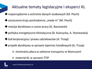 www.konfederacjalewiatan.pl	
  
	
   17	
  
Aktualne	
  tematy	
  legislacyjne	
  i	
  eksperci	
  KL	
  
u rozporządzenie	
  o	
  ochronie	
  danych	
  osobowych	
  (M.	
  Piech)	
  
u oznaczenia	
  kraju	
  pochodzenia	
  „made	
  in”	
  (M.	
  Piech)	
  
u rewizja	
  dyrektywy	
  o	
  czasie	
  pracy	
  (G.	
  Baczewski)	
  
u polityka	
  energetyczno-­‐klimatyczna	
  (D.	
  Kulczycka,	
  A.	
  Staniewska)	
  
u ład	
  korporacyjny	
  i	
  prawa	
  udziałowców	
  (A.	
  Trzop)	
  	
  	
  
u projekt	
  dyrektywy	
  w	
  sprawie	
  tajemnic	
  handlowych	
  (A.	
  Trzop)	
  
Ø  minimalna	
  płaca	
  w	
  sektorze	
  transportu	
  w	
  Niemczech	
  
Ø  materiał	
  KL	
  w	
  sprawie	
  TTIP	
  	
  
 