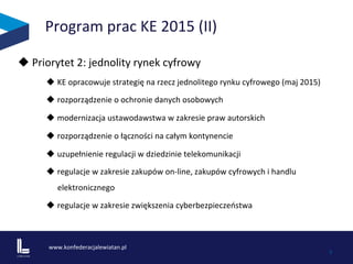 www.konfederacjalewiatan.pl	
  
	
   9	
  
Program	
  prac	
  KE	
  2015	
  (II)	
  
u 	
  Priorytet	
  2:	
  jednolity	
  rynek	
  cyfrowy	
  	
  
u KE	
  opracowuje	
  strategię	
  na	
  rzecz	
  jednolitego	
  rynku	
  cyfrowego	
  (maj	
  2015)	
  
u rozporządzenie	
  o	
  ochronie	
  danych	
  osobowych	
  	
  
u modernizacja	
  ustawodawstwa	
  w	
  zakresie	
  praw	
  autorskich	
  	
  
u rozporządzenie	
  o	
  łączności	
  na	
  całym	
  kontynencie	
  	
  	
  
u uzupełnienie	
  regulacji	
  w	
  dziedzinie	
  telekomunikacji	
  	
  
u regulacje	
  w	
  zakresie	
  zakupów	
  on-­‐line,	
  zakupów	
  cyfrowych	
  i	
  handlu	
  
elektronicznego	
  
u regulacje	
  w	
  zakresie	
  zwiększenia	
  cyberbezpieczeństwa	
  
	
  
 