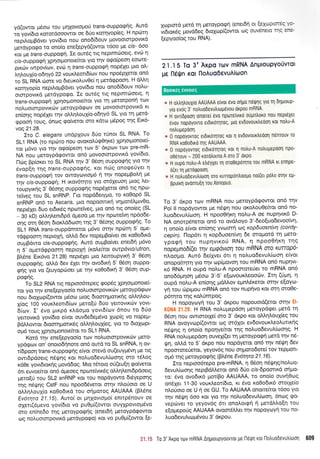 yd(owot trr5ool tou prlXovtoprori trans-ouppqqqq' Autd
ro yov(6to rorotdooowot oe 60o roqyop(eg' H nptirq
nepil,oprBdvet yov(6to nou ono6i6ouv Uovootorpovtrd
pet6ypogo to ono(o ene[epyd(owot t6oo trre crs- 6oo
^o,
pJ trars-ouppoQn. Ie ow6g rg neptmciroetg, evtir q
crs-ouppogrl Xpnotponoekot yto rrlv oqo(peor1 eoore-
prrtilv twpov(tov, evcit rl trans-ouppo<p{ nopSXet gto otr-
irlLoulio-oO r1yo 22 vo u xLeottd(ov no u n podpletot on6
to St irun ciore vo 6euxotruv0e( 11 pretdrppoorl' H dlLn
r<oqyop(o nepil'oprB6vet yovf6to nou ono6(6ouv no]'u-
ormpovrrd getdypocpo. Ie ourdg ttg neptmtiroetg, 11
trans-ouppoqrl Xp4otpronotefuot Yto rn petotpon{ tcov
noLuotmpovrrrilv getoypdqcov oe povootmpovtrd rt
en(or1g nop6ler rrlv oMll'oufo-odqy6 SL yto q pretd-
qpqon toug, 6nrog go(vetot oro rdtro p5pog qq Etr6-
vog 21.28.
Ito C. elegans undpXouv 66o trjnot SL RNA' To
SL1 RNA (ro npcino nou ovorqtrf<p0r1r<e) Xp4otponoe(-
'ror ;t6vo yto rl'lv oqo(peoq tov 5' dxptov rov pre-mR-
NA nou pretoypd<powot on6 Uovool'orpovtrd yov(6to'
flrig Bp(oret to SL RNA rrlv 3' 06o4 ouppo<Prtq Yto rrlv
5vop(r1 rrlq trans-ouppoq{S, rot ndrg onoqe6yet 11
trans-ouppqqrl rov owoytovtop6 11 rrlv nope;rBolq pe
qv cis-ouppoqn; H txov6rqto yto m6leuoq ptog tret-
toupyu<rlg 3' 05or1q ouppo<p4g nopdXerot on6 rtg npto-
tetveg tou SL snRNP. Fto nopddetypct, ro ro0op6 SL
snRNP on6 to Ascaris, Uto flopootrtrq vqprot6l4tw0o,
nepr5Xet 6uo er6tr5g nproretveq, pto on6 rrq ono(eq (SL
- 30 kD) oMql,ent6pd 6peoo ps rrlv npcoreivrl np6ode-
oqq orq 06o11 6roxi.d6ooq qg 3' 06oqg ouppoqqg' To
SL1 RNA trans-oupp6metot p6vo orqv nprilq 5' ope-
rdgpoorq neptoXq, oMd 6ev nopeprBo(ver oe ro0o6trd
oulrB6wo cis-ouppoqriq. Aut6 ouprBo[vet enetdrl pr6vo
4 5' otrrerdrppqorn neptoX4 (xotre(ror ourp6vtolutron,
B).5ne Err<6vo 21.28) nepfxet pto l,etroupyrxrl 3' 06o11
ouppo<prig, oMd dev SXet rqv ovo6u<r1 5' 05or1 ouppo-
qiq ytq vo (euyoprioet Ue rnv xo0o6u<r1 3' 05oq oup-
poaiq.
To SL2 RNA ttg neptoo6tepeq qopdq Xploq-ronoe(-
ror yro qv ene(epyoo(o noluotmpovtxdlv pretoypd<ptlv
nou 6toXrop((owot p5oro ;rtog dtoorqprottx4g otrtrqLou-
X(og 100 vouxtreottd(cov peto[ri 6Uo yettovtrcilv yovt-
6(tov. I' 6vo prtr<p6 r<l,dopro yovt6(olv 6nou to 6Uo
yemovrrd yov(6to e(vot ouvdedeprdvo lcopfg vo nopep-
BdMowot 6tomqponr<59 oMrl)rouX(eq, Yto ro dtoXcopt-
opr6 roug Xprlotponotefuot to SL1 RNA.
Kotd t4v ene[epyoo(o ttov notruotcrrpovtrd:v peto-
ypdqorv on' onotod{note on6 outdtq SL snRNA, 4 ov-
tidpooq trans-ouppogqq e(vor orevd ou(euypr5vrl pe ng
owrdpdoerg n6$nq rot noluo6evul'(ooqq mo t6trog
xdOe yovtdtor<rjg povddoq. Mto t6toto o[(eu[q <po(vetot
6rt euvoe(rqt on5 dpreoeg npoteivxdg oMrl}'ent6pdoetq
pero[ri rou SL2 snRNP Kot rou nop6yowo 6t6yeporlq
qg n6r.pqg CstF nou npood6verot orrlv nLorjoto oe U
otrtrr1Lou1(o roOodtrd tou orlpotoq AAUAAA (BI6ne
Ev6rrpa 21.15). Awo( ot pqXovroproi enttp5nouv oe
oXerr(5pevo yov(6to vo pu0p((owot ouYxpovtopdvo
oro en(nedo rnq UeroYpqqrlg (enet6r1 pretoypdEowot
o:g notruotmpovtrd perdypoEo) xot vo puOgf(owot [e-
lcoprord petd 11 ;retoypoqq (ener6q oL (eXopL::z: ':-
vr6tor<6g provo6eq 6toltlp[(owot oq ouventto ric '-:t-
(epyoo(oq tou RNA).
2l.l 5 To 3' Arpo To)v mRNA Anproupyo0wot
pe n6{,n Kol noAuo6svulioon
e H otrtrntroux(o AAUAAA e[vot 6vo ortUo neQnq yto rr1 6lptoup-
yio ev6q 3'no),uodevutrto;ttlvou orpou mRNA.
* H ovr[Dpoon onotre( 6vo nptlretvtro oOpn],oro nou neptexet
evov nopoyovro et6trorrlrog, pto evdovourtreoorl rot noLu-A
notrupepooq.
* 0 nopoYovrog etdtroqrog rot 1 evdovourtreoorl n6nrouv ro
RNA ro0odLxo qq AAUAAA.
" 0 nopoyovrog etbtxoqtog rot 1 nou-A notrupepoorl npo-
o06rouv - 200 rorotrorno A oro 3' oxPo.
* H oupo notru-A etrSyXet rr1 oroOeporqro rou mRNA Kt srrlpe-
o(er q perdqpool.
+ H notruodevutrurlorl oro rurrop6ntroo;to noi(et potro oTnv 0U-
Bpurrrl ovonru[r1 rou XenoPus.
To 3' dr<po tov mRNA nou UeroYpdgowot on6 qv
Pol ll nopdyowot pe n6Qq nou ot<oou0e(rot on6 no-
Luo6evutr(ooq. H npoo0rp<r1 notru-A oe nuprlvLr6 D-
NA onotpdneror on6 to ovd).oyo 3'-6eo[uo6evoo(vq,
11 ono(o e(vot en(oqg yvoorq o.lg rop6uoen(vr1 @ordy'
cepin). l-lop6rt 11 ropduoen(vq 6e mopotd rrl pero-
ypoAn rou nuprlvtroU RNA, 11 npooO4r<n rnq
nopeuno6[(et rqv suQdvton rou mHNA oro KUTrop6-
nlool-to. Aur6 6e(Xvet 6tt 11 noluo6evutr(tr-loq e(vor
onopoitqtrl yto rrlv otp(provorl tou mRNA on6 nupqvt-
x6 RNA. H oupd no).u-A npooroteUet to mRNA on6
ono66prrloq pr6oto 3'-5' e[rrlvour]'eooov. Irrl ([pn, n
oupd notru-A en[or1g prdMov eprnLdr<etot orrlv e[oyco-
yr1 rou riprprou mRNA on6 rov nuprlvo Kot orn oro0e-
p6qro qg r<oLUmpog.
H nopoyotyrl tou 3' dr<pou nopouotd(etot or1v
.t:':::.::t. :.: .'1r,. N RNA notruprepdOrl ;retOypdqet pretd rq
06o11 nou owtororXe( mo 3' drpo r<ot oMq).ou1(eg tou
RNA ovoyvrr:p((owor otg m6Xot evdovourtreotrurLr<r1g
ndqrnq 11 ono(o npoqye(tot qq noLuo6evu).iooqg. H
RNA notrupepdorl ouveX((et q preroypo<pr1 prerd qv n6-
rl.rr1, oMd to 5' drpo nou nopdyerot on6 qv ndqq 6ev
npoorotetietot, yeyov6g nou orlporodote( tov repport-
opr6 qg peroypo<pr1q (B).5ne Evorqra 21 .16).
Iro neptoo6tepo pre-mRNA, 4 05oq ndqrlg/noluo-
devutr(coorlg neptBdMetot on6 6Uo cls-6poortr<d orlpo-
to: 6vo ovodtr6 prot[Bo AAUAAA, ro ono[o ouvrlOoq
on6Xer 11-30 vour<l.eor(61o, xt tivo t<o0odtx6 motXe(o
nlorjoto oe U 11 oe GU. To AAUAAA onotte(toL 16oo yto
qv n6Qr1 6oo t<ot yto rnv noluo6evul'(toor1, 6nolg cpo-
vepc0vet to yeyov6g 6tt onotrottpq r1 pero).LoEn rou
eEoUepo0q AAUAAA ovom6Met rlv nopoYoYl rou no-
l,uodevul.urlllevou 3' dt<pou.
l; 1:{ To 3'Axpo rotv mRNA Arlgtoupyouvrot Us ileqrl xor [lo],uoDevuhltrlorl 609
Buorx6g ewoeg
 