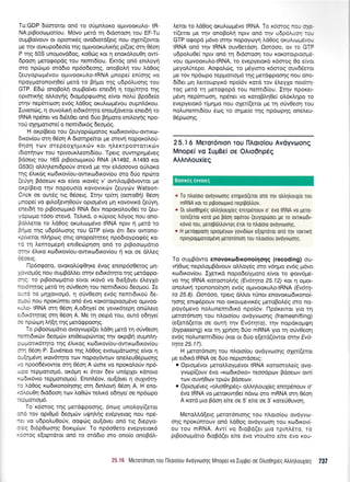 Tu:GDP 6r(morot on6 ro oripnLor<o opuvoor<ul,o- tR-
NA:ptBooogot(ou. M6vo prerd 14 dtdorooq rou EF-Tu
outrrBo(vouv ot opronxSg ovo6rord[erg nou oXet((owor
Ue rqv oyrupodeo(o rrlq qUrvooKu).u<1g pi(og orrl 06o4
P qg 50S unopovddog, r<o0rr1g ror q enox6l,ou04 owG
dpooq peroqopdg rou nemt6(ou. Ercr6g on6 enrLoyrl
mo nprirpro orddro np6o6eo4g, onoBoLrj rou LdOoq
(euyopro;r6vou ogrvooKULo-tRNA prnopef enfoqg vo
npoyporonorqOe( pretd ro B{po qg udp6},uorlq rou
GTP. E66 onopoln ouprBo(ver enerdri q ro16111ro tr1g
oprorxrlg oMoyrlg 6rop6pgrooqg e(vor noLrj Bpode(o
orqv nep(mu:or1 ev6q LdOog or<utrr<oprdvou ougnL5rou.
Iuvenc0g, q ouvo).x4 er6x6rrlro enou(dveror enerd4 ro
IRNA npdner vo 6r5l0er on6 60o B4proro enrLoyqg npo-
toU oXrlportore( o nemr6rr6g 6eqr6g.
H orp(Bero rou (euyopdrporoq ro6trov(ou-owu<ro-
6xov(ou m4 06o11A drotqpe(ror pe mevq nopor<o),o0-
0r1oq rov orepeoxrlUrrrriv ror 4l.errpoororrrriv
t6tottirrrlv tou rprvourcl.eorr6(ou. Tperq ouwrlprlpr6veg
Bdoerq rou 165 prBoor,tprroU RNA (A1492, 41493 ror
G530) oMq),enrdporiv orevd pre rrlv el,dooovo oULoxo
rqg 6lrroq ro6u<ov(ou-owrrodu<ov(ou oro 6rio nprilro
(e[yq Bdoeov ror e(vor u<ov5g v' owr].ogBdvowor pe
orp[Bero rrlv nopouo(o r<ovovrr<drv (euyri:v Watson-
Crick oe out6g ng 06oetg. Iqv rp(rr1 (ooroOri) 05orl
gnope[ vo rpr].o[evr10orlv oprogSvo Url KovovrKd (eUyq,
enet6q ro prBoocopux6 RNA 6ev nopor<ol.ou0e( ro (eu-
y6popro 16oo mevd. Te).Lrd, o r<0prog L6yog nou ono-
BdMeror ro L60og or<ul.urtprdvo IRNA nprv r1 prerd ro
Fnpo rnq udp6l.uorlg rou GTP e(vor 6n 6ev owono-
xp[veror n].{pog mtg onopo(rrlreg npo6toypoqdg ro-
rd t4 l,enrogepr] enr0ec6pqorl on6 ro prBooropdno
ornv 6,Lu<o r<o6u<ov[ou-owu<ro6rxov(ou { xot oe dMeq
06oerg.
llp6orporo, ovoxol,ri<p0r1re Svog enrnp6o0etog pr4-
lovro;r6g nou ouprBdMer qrrlv er6r6r4ro qg prerdrppo-
orlq: ro prBoorrrprdno efvor rrov5 vo 6e[dyer 6].ey1o
nor6rqrog trrerd rr1 oJv0eoq rou nemrdrxori 6eqroU. Ie
otrr6 ro pr11ovtopr6, 11 o0v0eoq ev6g nemr6rro0 6e-
opoU nou npoxUmet on6 6vo KoKororprooUSvo ol.rwoo-
xulo- IRNA orq 05or1 A,odrlye( oe yevu<6repq onrilero
a6x6rrpog orrl 06oq A. Me q oerpd rou, ow6 o6qye(
oe npcbtprq InEn rnq prerdgpooqq.
To prBootopdtro ovoyvrr:p((er 1.d04 gerd rq oUv0eoq
nemrdxd:v 6eopuiv enrOe<opcirwog rqv orpgri ouprnLq-
porporrx6trlto qg 6Lrxog xro6rr<ov(ou-owrr<o6rrov(ou
orq eSon P. Iuv6nero rqq ).dOog evoopdtoo4g e[vot 11
oulq pdvq rrov6rrlro tov nopoy6wrov oneleu Odprooq g
vo npoodrivowor orn 05oq A riore vo npoxoLoriv np6-
opo reppouopr6, or5pr1 rr 6rov 6ev undpXer xdnoro
xrodu<6vro repprouol.roti. Enrnldov, ou[dver 11 ouXy6q-
ro Ad0oq ro6u<ono(4oqg or4 drnLovrl 05oq A. H eno-
x6Aou0r; 6rd6oor1 rtov ).o0rilv tefurd o64ye( oe np6opo
rlepgmropr6.
To r5orog ulg ;rerdgpoorlg, 6nog unoLoy((eror
on6 rov oprOg5 6eoprcbv uUnlnq ev6pyerog nou np5-
ntt vo u6poi.u0orlv, oogdrg ou[dver on6 trg 6tepyo-
oteg 6t6p0o:o4g 6orrp(ov. To np6o0ero evepyeror6
x6mog e[oprdror on6 to orddto mo ono[o onoBd].-
etot ro ).dOog or<ulurtp6vo IRNA To xorcq .3, l: i-
t((eror Ue rrlv onoBoLrl nptv on6 rrlv udpo,r.r;- ::,
GTP orpopd ;r6vo oqv nopoyroyq tro0oq oxuALoo;rc,3,
IRNA ond qv IRNA ouv0erdo4. Om6oo, ov ro GTP
u6polu0e( nprv on6 q drdcrrooq rou KoKoroLprooge-
vou oprvooKuotRNA, ro evepyerqK6 x6moq 0o efvoL
preyolUrepo. Aorpoltrrg, to prSyroro r6orog ouvdderoL
pe rov np6orpo repprortopr6 qg prerdgpoorlq nou ono-
6(6et prr; Lenoupyrr<6 npoi6v xord tov SLeyXo noLdq-
rog perd rn perogopd tou nentr6(ou. Irr;v npoKer-
pr6vq nep(moror;, np6ner vo r<oroBLrl0e( oAdr<L4po ro
evepyeror<6 ripr4pro nou oXet((eror Ue rrl oUv0eorl rou
nolunenrrd(ou drllg ro oqpre[o qg npdotprlg one].eu-
05poo4g.
25.1 6 Merqr6nron Tou nAoroiou Avdyvoonq
Mnopei vo IuUBri oe ONo0np6q
AAAnAouxieq
* To ntroloro ovoyvoorlg enripeo(erot ond qv otrtr1trouXro rou
mRNA rol ro pgooogrr6 nepgotrtrov.
* 0t otrto0t'jp6q otrtrqtrouXieg enup6nouv o' evo IRNA v0 UrTo-
ron[(eror roro pro pool oqorou (euyopooet pe ro ovrtrotdr-
x6vro rou, peropotrtrovrog erot'ro ntro(oro ovoyvooqg.
* H Uerorppool opropdvrrlv yovLdlrov e[oproror on6 rrlv rorlrrl
npoyp0pUoTr0Uevq geroronrol rou n),oro[ou ovoyvtoolg.
To ou;rBdwo enovoxo6rxonoi4o4g (recoding) ou-
vrlOtog nepr).opBdvouv oL).oy5g oro v6rlpro ev6g ;r6vo
xto6u<ov(ou. IXenxd nopoderyproro e(vor -ro gorv6pe-
vo rnq IRNA xorooroXrlq @vorrlta 25.12) Kqr n oUor-
onolu<4 tponono(4o4 ev6g opuvooxuAo-tRNA (Evrir4-
ra 25.8). Oor6oo, rperg dMor rUnot enovoro:6rxono(-
qorlg enr<p5pouv nro oLroupevtrdg preroBoLdq oro no-
poy6pevo noLunentr6rr6 npoi6v. l-lp6rerroL yro rrl
geror6ntoq rou n).oro[ou ovdyv<oor1g (frameshifting)
(e[erd(eror oe out4 rqv Ev6r4ro), r4v nopdKopqn
(bypassing) xor rr1 Xpqoq 6rjo mRNA yro rrl o0v0eorl
ev6g nounemr6(ou (r<or or 6Uo e[erd(owor orrlv Evd-
qra 25.17).
H ;leror6nroq rou nLoro(ou ovdyvooqg oXer((eror
pe erdu<d tRNA oe 6[o nepLordoerg:
. OproUSvor preto).).oyprdvor IRNA r<otomoLe[g ovo-
yvrop[(ouv 5vo "r<ro6rr6vroD reoodpov Bdoeorv ow(
rtov ouvriOrov rprcbv Bdoeotv.
o OpLou6veq ,,o).to0rlp6S" oMrlLoul(eg entrp6nouv o'
dvo IRNA vo pietortvlOe( ndvo mo mRNA orrl 05or1
A r<ord pLo Bdoq e(re oe 5'e(re oe 3' xotefOuvor1.
MeroL).d(erg peror6ntorlg tou n).oLo(ou ovdyvo-l-
or;g nporUnrouv on6 ).dOog ovdyvurorl rou r<to6trov[-
ou rou mRNA. Avr( vo 6roBd(er pro tprn).5ro, ro
ptBoooprdrto 6toBd(er e(re 6vo woudro e(re svo Kou-
3i.iC Meroromorl Tou lltroro[ou Avoyvoorlg Mnopei vo Iupper oe 0trr00lp6q AtrtrqtrouXreg 7A7
Boorxeg 6woreg
 