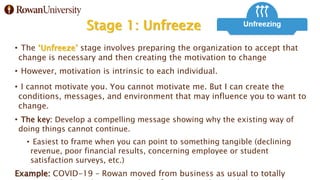 Stage 1: Unfreeze
• The ‘Unfreeze’ stage involves preparing the organization to accept that
change is necessary and then creating the motivation to change
• However, motivation is intrinsic to each individual.
• I cannot motivate you. You cannot motivate me. But I can create the
conditions, messages, and environment that may influence you to want to
change.
• The key: Develop a compelling message showing why the existing way of
doing things cannot continue.
• Easiest to frame when you can point to something tangible (declining
revenue, poor financial results, concerning employee or student
satisfaction surveys, etc.)
Example: COVID-19 – Rowan moved from business as usual to totally
 
