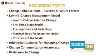 DISCUSSION TOPICS
• Change Initiative Stats – Success & Failure Factors
• Lewin’s Change Management Model
• Lewin’s Golden Rules for Change
• The Three Stage Model
• The Importance of Each Stage
• Practical Steps for Using the Model
• Criticisms of the Model
• Additional Guidance for Managing Change
• Change Communication Awareness
• Resistance to Change
 