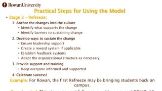 Practical Steps for Using the Model
• Stage 3 – Refreeze:
1. Anchor the changes into the culture
• Identify what supports the change
• Identify barriers to sustaining change
2. Develop ways to sustain the change
• Ensure leadership support
• Create a reward system if applicable
• Establish feedback systems
• Adapt the organizational structure as necessary
3. Provide support and training
• Keep everyone informed and supported
4. Celebrate success!
Example: For Rowan, the first Refreeze may be bringing students back on
campus.
 