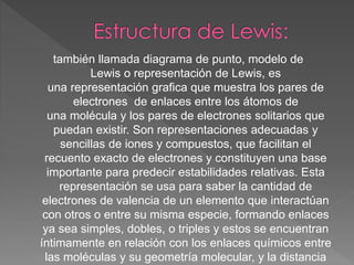 también llamada diagrama de punto, modelo de
Lewis o representación de Lewis, es
una representación grafica que muestra lo...