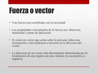 Fuerza o vector
• Una fuerza esta coordinada con la necesidad
• Las propiedades conceptuales de la fuerza son: direccion,
intensidad y punto de aplicación
• Si existe un vector que actúa sobre la persona, habra una
locomocion o una tendencia a moverse en la direccion del
vector
• La direccion de un vector esta directamente determinada por la
localizacion de una región con una valencia ya sea positiva o
negativa.
 