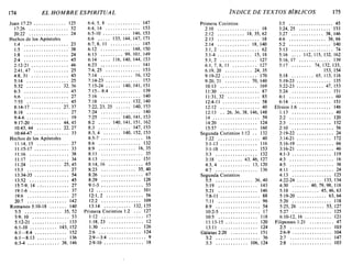 174 EL HOMBRE ESPIRITUAL ÍNDICE DE TEXTOS BÍBLICOS 175
Juan 17:23 125
17:26 52
20:22 24
Hechos de los Apóstoles
1:4 23
1:5 38
1:8 24
2:4 45
2:12-21 46
2:41, 47 25
4:8.31 45
5:14 25
5:32 32, 36
6:3 45
6:6 27
7:55 45
8:14-17 27.37
8: 18 27
9:4-6 19
9: 17-20 44,45
10:43.44 22.27
10:44-47 33
Hechos de los Apóstoles
11:14,15 27
11: 15-17 33
11:16 38
11:17 34
11:24 25,45
13:3 27
13:34-35 54
13:52 45
15:7-9, 14 27
19:1-6 37
19:6 27
20:7 142
Romanos 3:10-18 140
5:5 35, 52
5:9,10 53
5:12-21 133
6:1-10 143,152
6:1-8:4 152
6:1-8:13 136
6:3-4 38, 146
6:4,5,8 147
6:4,14 153
6:5-10 146, 153
6:6 133,144,147,171
6:7, 8, 11 145
6:12 148,150
6:13 99,101,149
6:14 116,140,144,153
6:23 ., 141
7:4, 25 .. ,........... 153
7:14 16,132
7: 14-23 153
7:15-24 140,141,151
7:15-8:4 139
7:16 140
7:18 132,140
7:22, 23, 25 140, 153
7:24 140
7:25 140,141,153
8:2 140,141,151,162
8:3 147,153
8:3,4 140,152,153
8:5-7 16
8:6 132
8:9 16,35
8: 11 35
8:13 151
8:14,16 65
8:23 35,40
8:26 67
8:29 128
9: 1-3 55
12 101
12:1,2 " 56
12:2 109
13:14 132,135
Primera Corintios 1:2 127
1:12 17
1:18,23 12
1:30 126
2:6 124
2:9-3:4 9
2:9-10 18
Primera Corintios
2:10 18
2:12 18,35,62
2:13 18
2:14 18,140
3:1,2 62
3:1-4 15, 18
5:1,2 127
6:1,7,8,11 127
6:19,20 24,35
9:19-22 170
9:20,21 70, 140
10:13 169
11:30 87
11:31.32 85
12:4-11 58
12:12 40
12:13 .. 26,36,38.146,148
14 59
14:20 124
15:57 160
Segunda Corintios 1:12 .. 132
1:22 40
3:1-13 116
3:1-18 153
3:3 132
3:18 43,46,127
4:3,4 13, 120
4:7 136
Seg¿nda Corintios
5:5 36,40
5:19 143
5:21 146
7:8-11 88
7:11 96
8:9 54
10:2-5 17
10:5 118
11:13-15 120
13:11 124
Gálatas 2:20 151
3:2 36
3:3 106, 124
3:5 45
3:24,25 153
3:27 38, 146
4:6 36,66
5:2 140
5:13 74
5:16 112,115,132,162
5:16,17 139
5:17 74,132,133,
153,154
5:18 65, 113, 116
5:19-23 135
5:22-23 47, 153
5:24 151
6:1 60
6:14 151
Efesios 1:6 146
1:13 40
2:2 120
2:3 132
2: 10 56
2:19-22 24
3:14-21 172
3:16-19 66
3:16-21 46
4:1-3 119
4:3 16
4:5 : 38
4:11 24
4:13 125
4:22-24 133, 134
4:30 40,79,98, 118
5: 18 45,46,63
5: 19-20 63, 64
5:20 118
5:25,26 53, 127
5:27 125
6:10-12,16 121
Filipenses 1:21 ...•...... 47
2:5 103
2:6-9 104
2:7 147
2:8 103
174 EL HOMBRE ESPIRITUAL ÍNDICE DE TEXTOS BÍBLICOS 175
Juan 17:23 125
17:26 52
20:22 24
Hechos de los Apóstoles
1:4 23
1:5 38
1:8 24
2:4 45
2:12-21 46
2:41, 47 25
4:8.31 45
5:14 25
5:32 32, 36
6:3 45
6:6 27
7:55 45
8:14-17 27.37
8: 18 27
9:4-6 19
9: 17-20 44,45
10:43.44 22.27
10:44-47 33
Hechos de los Apóstoles
11:14,15 27
11: 15-17 33
11:16 38
11:17 34
11:24 25,45
13:3 27
13:34-35 54
13:52 45
15:7-9, 14 27
19:1-6 37
19:6 27
20:7 142
Romanos 3:10-18 140
5:5 35, 52
5:9,10 53
5:12-21 133
6:1-10 143,152
6:1-8:4 152
6:1-8:13 136
6:3-4 38, 146
6:4,5,8 147
6:4,14 153
6:5-10 146, 153
6:6 133,144,147,171
6:7, 8, 11 145
6:12 148,150
6:13 99,101,149
6:14 116,140,144,153
6:23 ., 141
7:4, 25 .. ,........... 153
7:14 16,132
7: 14-23 153
7:15-24 140,141,151
7:15-8:4 139
7:16 140
7:18 132,140
7:22, 23, 25 140, 153
7:24 140
7:25 140,141,153
8:2 140,141,151, 162
8:3 147,153
8:3,4 140,152,153
8:5-7 16
8:6 132
8:9 16,35
8: 11 35
8:13 151
8:14,16 65
8:23 35,40
8:26 67
8:29 128
9: 1-3 55
12 101
12:1,2 " 56
12:2 109
13:14 132,135
Primera Corintios 1:2 127
1:12 17
1:18,23 12
1:30 126
2:6 124
2:9-3:4 9
2:9-10 18
Primera Corintios
2:10 18
2:12 18,35,62
2:13 18
2:14 18,140
3:1,2 62
3:1-4 15, 18
5:1,2 127
6:1,7,8,11 127
6:19,20 24,35
9:19-22 170
9:20,21 70, 140
10:13 169
11:30 87
11:31.32 85
12:4-11 58
12:12 40
12:13 .. 26,36,38.146,148
14 59
14:20 124
15:57 160
Segunda Corintios 1:12 .. 132
1:22 40
3:1-13 116
3:1-18 153
3:3 132
3:18 43,46,127
4:3,4 13, 120
4:7 136
Seg¿nda Corintios
5:5 36,40
5:19 143
5:21 146
7:8-11 88
7:11 96
8:9 54
10:2-5 17
10:5 118
11:13-15 120
13:11 124
Gálatas 2:20 151
3:2 36
3:3 106, 124
3:5 45
3:24,25 153
3:27 38, 146
4:6 36,66
5:2 140
5:13 74
5:16 112,115,132,162
5:16,17 139
5:17 74,132,133,
153,154
5:18 65, 113, 116
5:19-23 135
5:22-23 47, 153
5:24 151
6:1 60
6:14 151
Efesios 1:6 146
1:13 40
2:2 120
2:3 132
2: 10 56
2:19-22 24
3:14-21 172
3:16-19 66
3:16-21 46
4:1-3 119
4:3 16
4:5 : 38
4:11 24
4:13 125
4:22-24 133, 134
4:30 40,79,98, 118
5: 18 45,46,63
5: 19-20 63, 64
5:20 118
5:25,26 53, 127
5:27 125
6:10-12,16 121
Filipenses 1:21 ...•...... 47
2:5 103
2:6-9 104
2:7 147
2:8 103
 