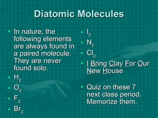 Diatomic Molecules In nature, the following elements are always found in a paired molecule. They are never found solo. H 2 O 2 F 2 Br 2 I 2 N 2 Cl 2 I   Br ing  Cl ay  F or  O ur  N ew  H ouse Quiz on these 7 next class period. Memorize them. 
