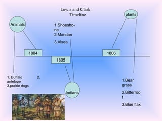 Lewis and Clark  Timeline Animals 1. Buffalo  2. antelope  3.prairie dogs  1805 Indians 1.Shoesho-ne 2.Mandan 3.Alsea 1804 1806 plants 1.Bear grass 2.Bitterroot 3.Blue flax 