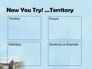 Now You Try! …TerritoryTerritoryPictureSentence or ExampleDefinition