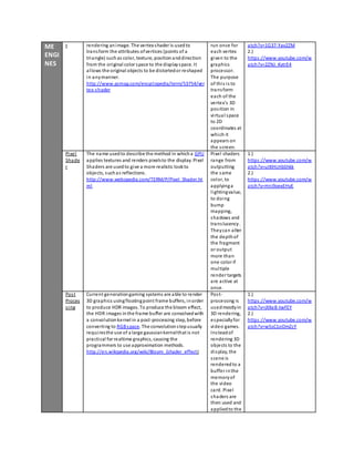 ME 
ENGI 
NES 
r rendering an image. The vertex shader is used to 
trans form the attributes of vertices (points of a 
triangle) such as color, texture, position and direction 
from the original color space to the display space. It 
al lows the original objects to be distorted or reshaped 
in any manner. 
http://www.pcmag.com/encyclopedia/term/53754/ver 
tex-shader 
run once for 
each vertex 
given to the 
graphics 
processor. 
The purpose 
of thi s i s to 
trans form 
each of the 
vertex's 3D 
pos ition in 
vi rtual space 
to 2D 
coordinates at 
which it 
appears on 
the s creen. 
atch?v=1G37-Yav2ZM 
2.) 
https ://www.youtube.com/w 
atch?v=2ZNJ_KytrE4 
Pixel 
Shade 
r 
The name used to describe the method in which a GPU 
applies textures and renders pixels to the display. Pixel 
Shaders are used to give a more realistic look to 
objects, such as reflections. 
http://www.webopedia.com/TERM/P/Pixel_Shader.ht 
ml 
Pixel shaders 
range from 
outputting 
the same 
color, to 
applying a 
l ighting value, 
to doing 
bump 
mapping, 
shadows and 
trans lucency . 
They can alter 
the depth of 
the fragment 
or output 
more than 
one color if 
mul tiple 
render targets 
are active at 
once. 
1.) 
https ://www.youtube.com/w 
atch?v=utKHLHbShkk 
2.) 
https ://www.youtube.com/w 
atch?v=Hni9oexEHyE 
Pos t 
Proces 
s ing 
Current generation gaming systems are able to render 
3D graphics using floating point frame buffers, in order 
to produce HDR images. To produce the bloom effect, 
the HDR images in the frame buffer are convolved with 
a convolution kernel in a post-processing step, before 
converting to RGB space. The convolution step usually 
requi res the use of a large gaussian kernel that is not 
practical for realtime graphics, causing the 
programmers to use approximation methods. 
http://en.wikipedia.org/wiki/Bloom_(shader_effect) 
Pos t-processing 
is 
used mostly in 
3D rendering, 
especially for 
video games. 
Instead of 
rendering 3D 
objects to the 
di splay, the 
s cene is 
rendered to a 
buffer in the 
memory of 
the video 
card. Pixel 
shaders are 
then used and 
applied to the 
1.) 
https ://www.youtube.com/w 
atch?v=jXXe8-twFEY 
2.) 
https ://www.youtube.com/w 
atch?v=wSsC1oOmZcY 
 