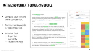 © LEWIS Communications Limited. All Rights Reserved
Optimizing Content for Users & Google
14
• Compare your content
to the competition.
• Add relevant keywords
for topic modeling.
• Write for E.A.T
• Expertise
• Authority
• Trustworthiness
 