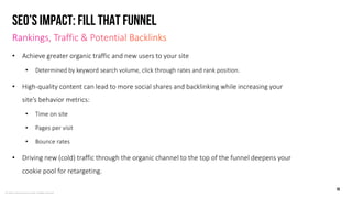 © LEWIS Communications Limited. All Rights Reserved
Seo’s Impact: Fill that funnel
• Achieve greater organic traffic and new users to your site
• Determined by keyword search volume, click through rates and rank position.
• High-quality content can lead to more social shares and backlinking while increasing your
site’s behavior metrics:
• Time on site
• Pages per visit
• Bounce rates
• Driving new (cold) traffic through the organic channel to the top of the funnel deepens your
cookie pool for retargeting.
19
 