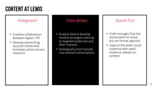 © LEWIS Communications Limited. All Rights Reserved
Content at lewis
5
• Analyze data to develop
content strategies catering
to targeted audiences and
their interests
• Strategically insert brands
into relevant conversations
• Creative collaboration
between digital + PR
• Develop overarching
story for clients that
translates across various
mediums
• Craft messages that live
and breathe on social,
but are format-agnostic
• Capture the wider social
audience with rapid-
response, always-on
content
 