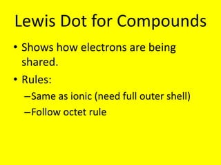 Lewis Dot for Compounds Shows how electrons are being shared. Rules: Same as ionic (need full outer shell) Follow octet rule 