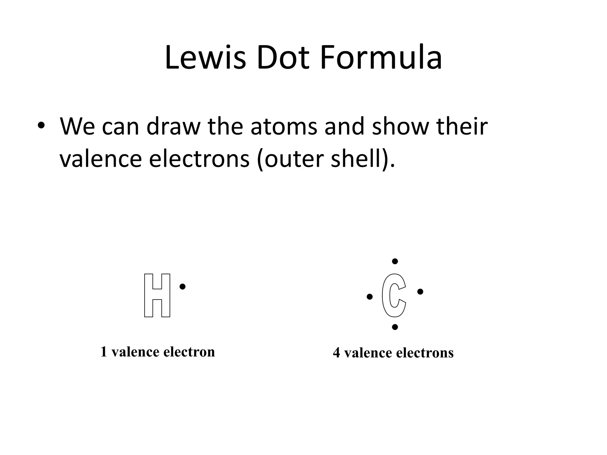 Lewis Dot FormulaWe can draw the atoms and show their valence electrons (outer shell).HC1 valence electron4 valence electrons